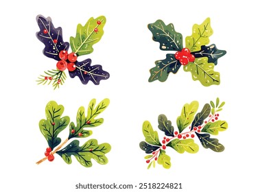 Christmas watercolor bouquet berries and green leaves arrangings set. Hand-painted watercolor element suitable for decorative Christmas festival, New year invitations, or greeting cards.