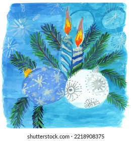 christmas watercolor candle card with fir branches and balls