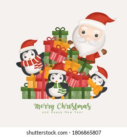 Christmas watercolor with christmas cute Santa clause penguin and giftboxes for greeting cards, invitations, paper, packaging.