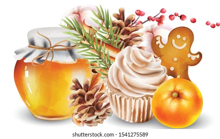 Christmas watercolor decorations with jar of honey, conifer cone, fir leaves, walnut cupcakes, orange, red berries, cotton, cinnamon sticks and gingerbread cookies. Vector