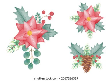 Christmas watercolor flowers and green pain leaves