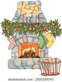 Christmas watercolor hand-drawn fireplace, vector isolated