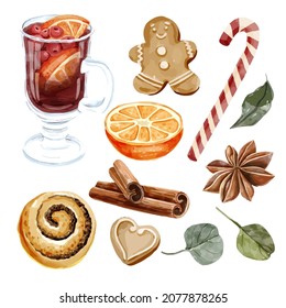 Christmas watercolor illustration with christmas elements on white background