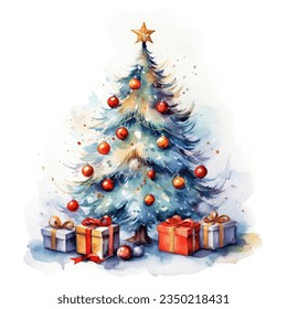 Christmas Watercolor Illustration Christmas Trees with Gifts.