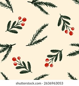 Christmas watercolor pattern with pine branches and berries. Vector illustration