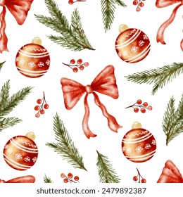 Christmas watercolor seamless pattern with red bow and ornaments, new year background