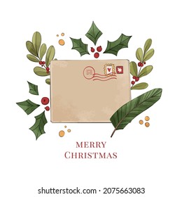 Christmas watercolor vector illustration. Decorative christmas envelope with floral elements, winter decorations, fir branches, holly, berry. Perfect for invitations, greeting cards, postcards