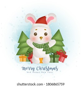 Christmas watercolor winter with bear and christmas element for greeting cards, invitations, paper, packaging.