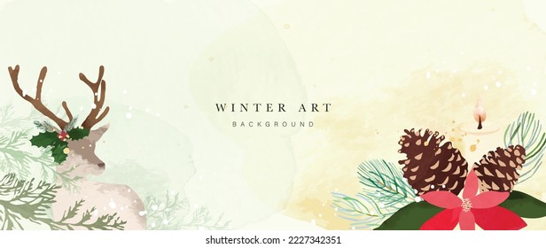 Christmas and watercolor winter botanical leaves background vector. Decorative hand painted pine leaves, pine cone, holly, reindeer, snow, candle. Design for wallpaper, cover, invitation card, poster.