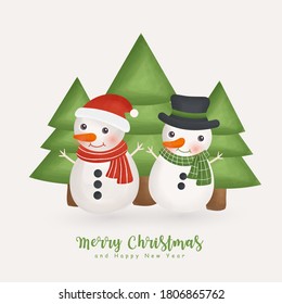 Christmas watercolor winter with cute snowmans and christmas tree for greeting cards, invitations, paper, packaging.