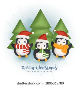 Christmas watercolor winter with christmas tree and christmas element for greeting cards, invitations, paper, packaging, Christmas design.