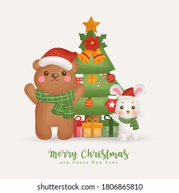 Christmas watercolor winter with christmas tree and christmas element for greeting cards, invitations, paper, packaging.