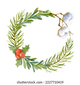 Christmas watercolor wreath of christmas tree, cotton, rosemary, holly. Hand-drawn illustration isolated on the white background.