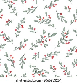 Christmas watercolour mistletoe branches seamless pattern isolated on white background vector illustration.