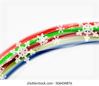 Fondo abstracto de la ola de Navidad, línea de curva con copos de nieve