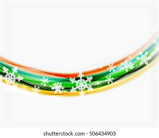 Fondo abstracto de la ola de Navidad, línea de curva con copos de nieve