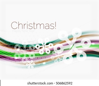 Fondo abstracto de la ola de Navidad, línea de curva con copos de nieve