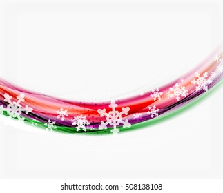 Fondo abstracto de la ola de Navidad, línea de curva con copos de nieve