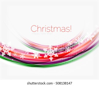 Fondo abstracto de la ola de Navidad, línea de curva con copos de nieve