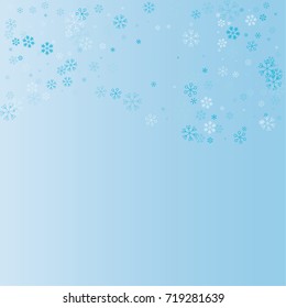 Christmas wave background with random scatter falling blue snowflakes on a blue background.
