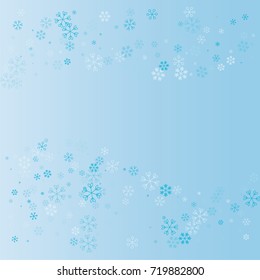 Christmas wave background with random scatter falling blue snowflakes on a blue background.