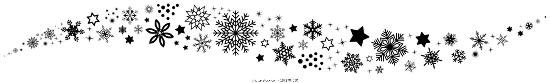 Christmas waved vector ornament with black snowflakes and stars.