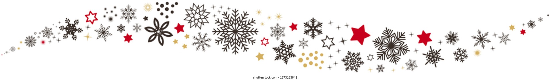 Christmas waved vector ornament. Dark brown, red and gold snowflakes and stars.