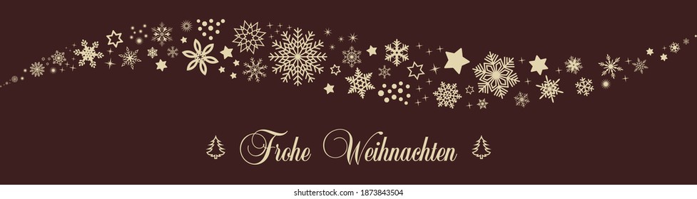 Weihnachtsgeschwungene Vektorschmuck. Deutsche Grüße Frohe Weihnachten. Goldene Schneeflocken, Sterne und Baum. brauner Hintergrund.
Übersetzen von Deutsch auf Englisch: Frohe Weihnachten ist frohe Weihnachten.