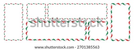 Christmas wavy candy cane scallop frames with red, white, and green stripes. Christmas striped candy canes for text decoration. Vector design elements