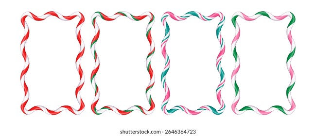 Quadros ondulados de Natal na forma de torrada de açúcar. Os pirulitos listrados de Natal decoram o texto. Elementos de design de Natal. Ilustração vetorial isolada sobre fundo branco.