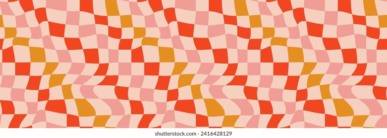 Christmas wavy groovy checker vector background. Retro holiday fluid abstract checkerboard backdrop. Xmas curved distorted check abstract geometric seamless pattern. Pink, red, and gold colors