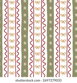 Weihnachten wellige Linien gestreift nahtloses Muster Design mit Bögen, Schneeflocken. Winterurlaub Geschenkpapier, vertikale Streifen Tapete, wiederholter Hintergrund, Stoffdesign, Druck. Vektorgrafik.