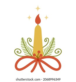 Christmas wax candle vector icon. Hand drawn doodle. Burning candle with a bow, pine branches, berries. Festive element for decoration, design of cards, flyers, textiles, print, calendars