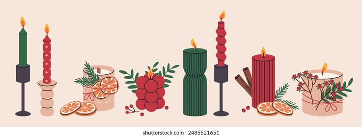 Christmas wax candles. Xmas decor scented burning candles, winter holidays candles with Christmas decorations, Noel home interior decor flat vector illustration set. Aroma xmas candles
