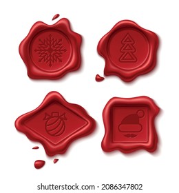 Christmas wax seal. Realistic red holiday stamps with New Year symbols. Snowflake, toy or Xmas tree imprint. Sealing gifts. Parcel or letter confidential elements. Vector