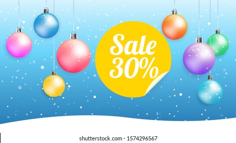 christmas web banner background with christmas balls, sticker, snow