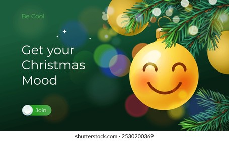 Christmas web banner with Christmas ball emoji smiling face hanging on xmas pine fir lush tree. Get your Christmas mood. Vector illustration