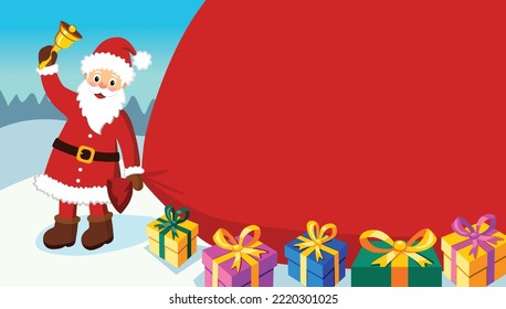Christmas web banner with copy space. Santa Claus with bag full of gifts, postcard, vector illustration. Advertising sign for the new year. Discounts and Christmas sales.