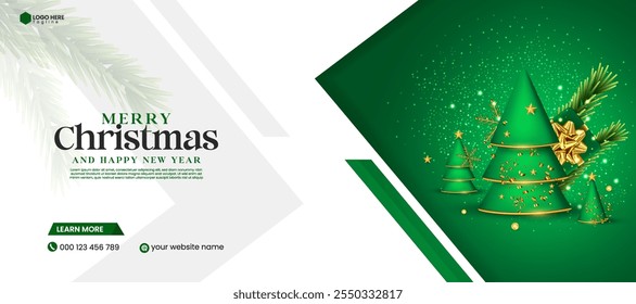 Christmas web banner design template. Christmas social media cover post design. Merry Christmas banner design template with a Christmas abstract tree, gift box, and star in green color. 