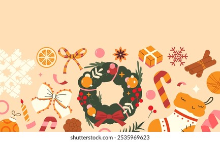 Navidades Anuncio de Web con corona de bricolaje, calcetín de Navidades y decoraciones festivas. Ilustración vectorial