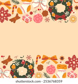 Christmas web banner with DIY wreath, Christmas sock and festive decorations. Vector illustration