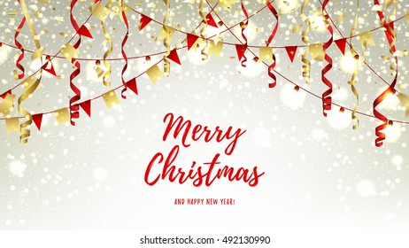 Christmas web banner with garlands and serpentine. Red and gold vector illustration with shining sparks for xmas design. Happy New Year background with snow and lights.
