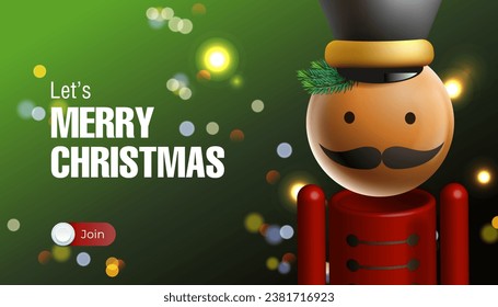 Christmas web banner, holiday nutcracker figurine with Xmas tree bokeh lights background. Vector illustration