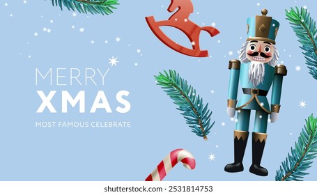 Christmas web banner made of wooden Nutcracker, Christmas tree branches, candy and toy rocking horse on blue background, vector illustration