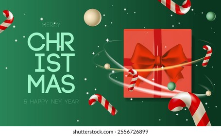 Christmas web banner with red gift box and red bow,  Xmas candy cane, balls, snow. Holiday greeting card, New year banner, invitation, vector illustration
