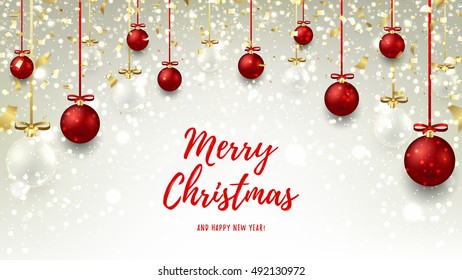 Christmas web banner with red and glass balls. Vector illustration with shining sparks for xmas design. Happy New Year background with snow and lights.