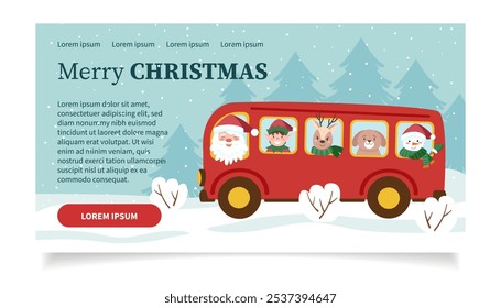 Navidades Web Anuncio. Papá Noel conduciendo un autobús con personajes. Navidades de fondo.