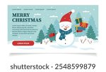 Christmas web banner. Winter lamdscape with snowman in flat style. Christmas background.