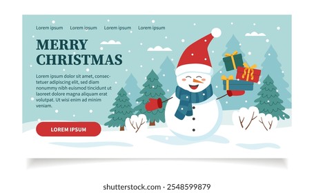 Christmas web banner. Winter lamdscape with snowman in flat style. Christmas background.