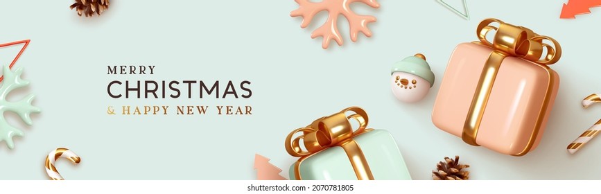 Christmas web banner. Xmas design with realistic decoration gifts box blue and pink color, 3d snowflake, candy cane, tree cones. Horizontal festive New year poster, greeting card, headers for website